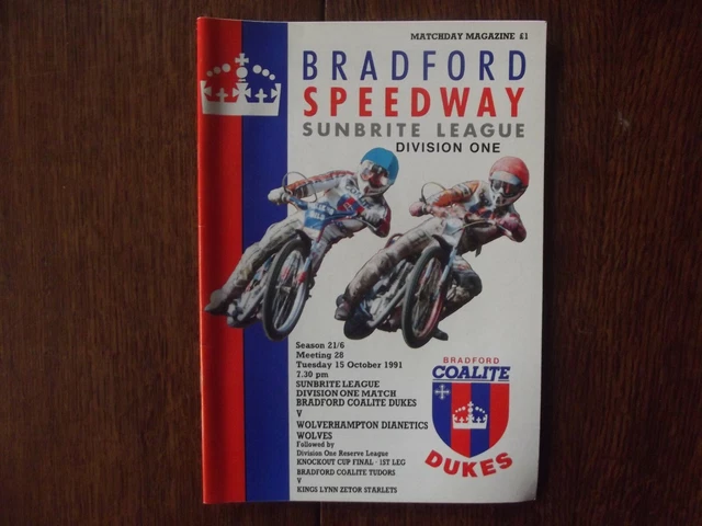 Bradford Dukes v Wolverhampton Wolves Division 1 Speedway Programme 15/10/91