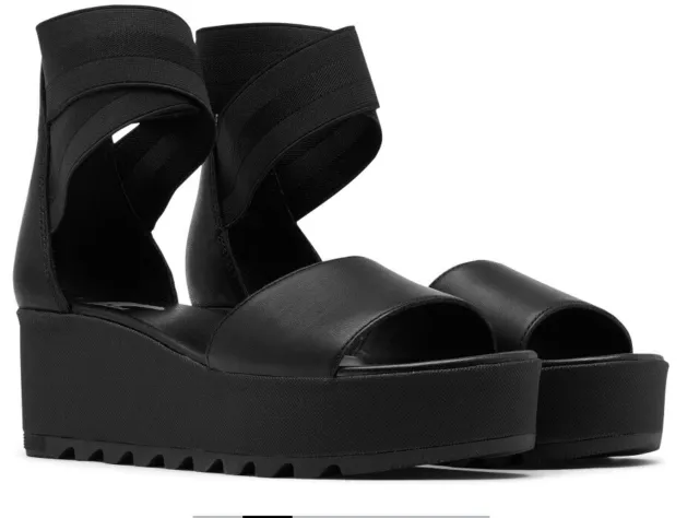SOREL Cameron Flatform Ankle Strap  Black Leather Platform Sandals, Sz 9, NEW