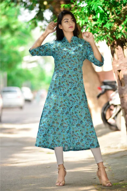 Indian Turquoise Floral Cotton Handmade Kurtis Women's Clothing S Size Kurtis UK