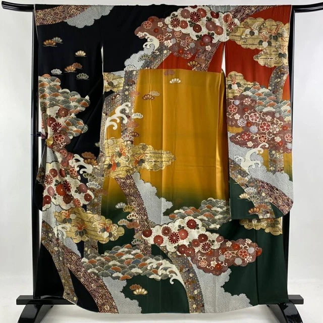 Japanese Kimono Furisode Pure Silk Chrysanthemum Pattern Of Clouds Black Color