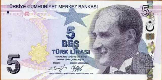 5 UNC Turkey Banknote. 5 Lira Banknote. 5 Lira 2009 Currency TRY Bill Note.