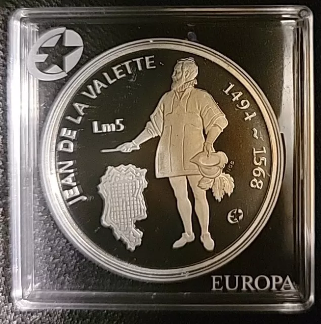 2007 Malta Large .925 Silver Proof 5 Liri Jean de La Valette w Certificate