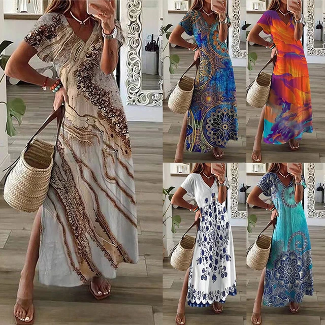 Vestito Lungo Estivo Donna - Abito Spiaggia Scollo A V Maniche Corte, Stampa Tropicale - Foto 7