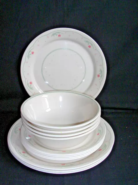 12 Pcs Corelle CALICO ROSE Soup Cereal Bowls Luncheon Bread Salad Plates Beige