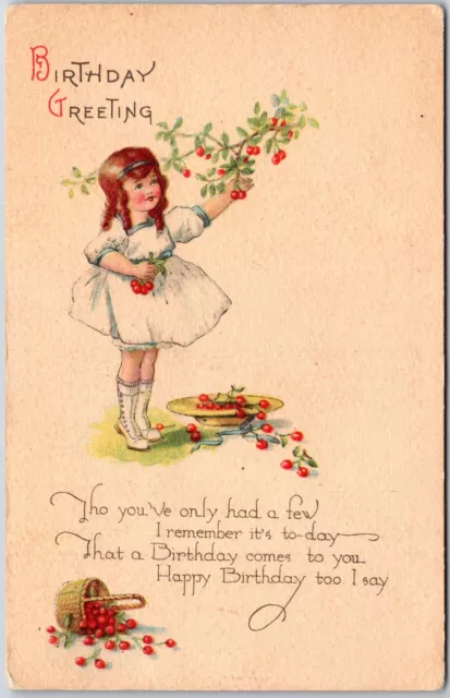 Birthday Greetings And Messages Little Girl Picking Up Cherries Wishes Postcard