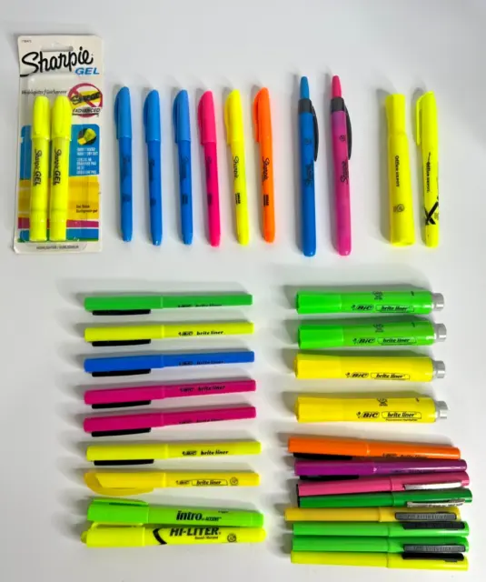 Lot Of 33 Sharpies Highlighters Bic Brite Liner Pens Gel Chisel Tip Assortment
