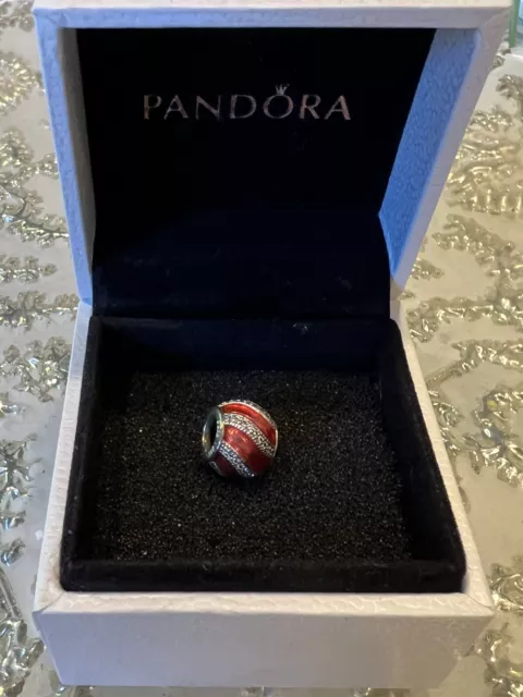 Authentic PANDORA 925 Sterling Silver Red Enamel Striped And Silver CZ Charm