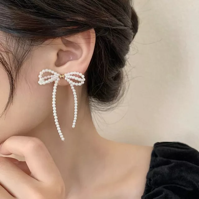 Light Luxury Tassel Long Imitation Pearl Bow Pendant Earrings Long Earrings BII