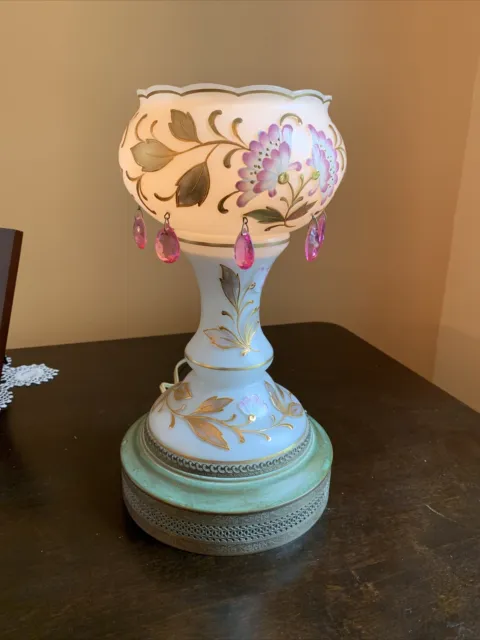 Vintage Mantle Luster Lamp Czech Bohemian Glass Floral Pink Prism 12” Tall