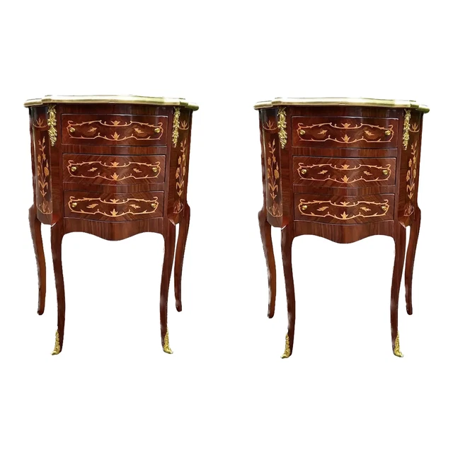 French Louis XVI Mahogany Nightstands With Marquetry - a pair
