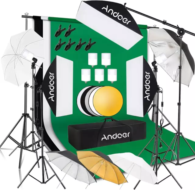 Professional Softbox Photography Studio Lighting Kit with 3 Color Backdrops, 6.5