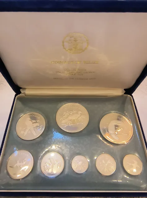 1974 Franklin Mint Coinage of Belize Proof Set Sterling Silver Set 8 Coins w COA