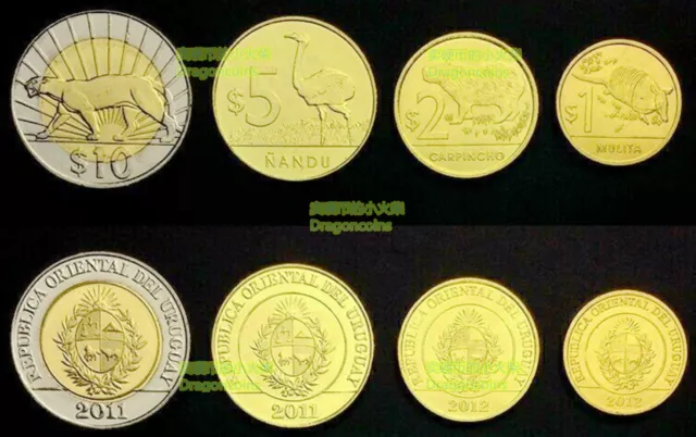 URUGUAY Set 4 coins capybara puma Rhea  Armadillo 1 2 5 10 Pesos animal  UNC