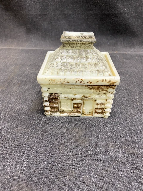 Vtg. Log Cabin Mustard Jar / Coin Bank with label - c1890 Westmoreland