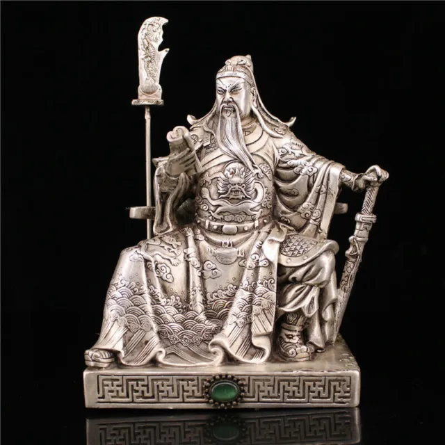 7.87" Collection Chinese Copper silvering inlay gem Guangong Guang yu statue