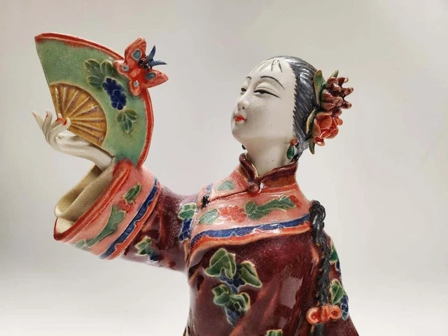 11" China Wucai Porcelain Pottery beauty Belle Lady Women Fan Butterfly Statue 3