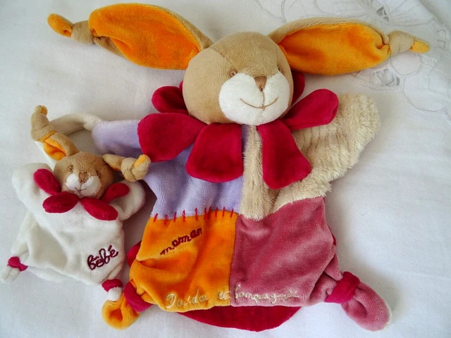 Lapin Marionnette Doudou Et Compagnie  Maman + Bebe  Creme Parme Mandarine Rouge