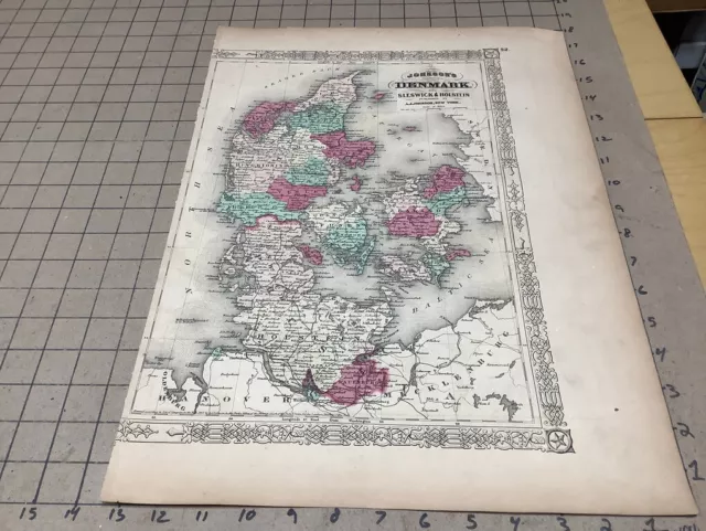 VINTAGE - ORIGINAL hand colored JOHNSON's MAP: -) 1865 DENMARK  -- 18x13"