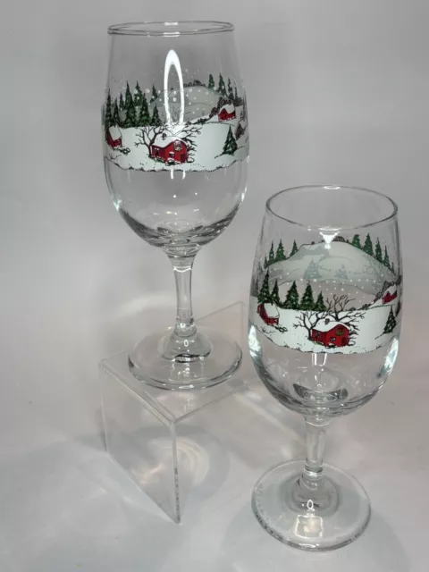 Libbey Currier Ives Wine Glasses Water Goblet Christmas Winter Scene Set of 2