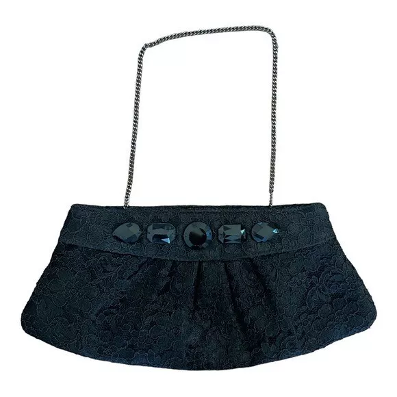 WHBM Womens Lace and Jewel Evening Bag Clutch with Chain Strap in Black