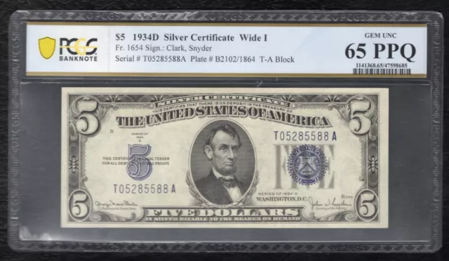Fr. 1654 1934-D $5 Wide I Silver Certificate Pcgs Banknote Gem Unc-65Ppq