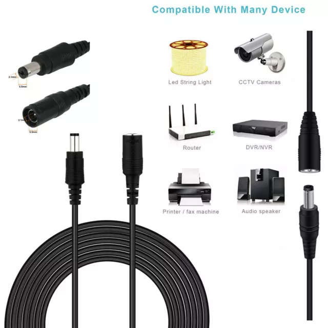 12V DC POWER EXTENSION CABLE 5.5mm x 2.1mm Adapter CCTV CAMERA LED DVR PSU LEAD