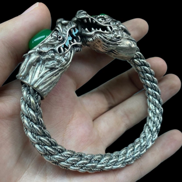 Bracelet Ancien En Jade Enrobé D'argent Repoussé - Bijou Vintage Asiatique, Occasion