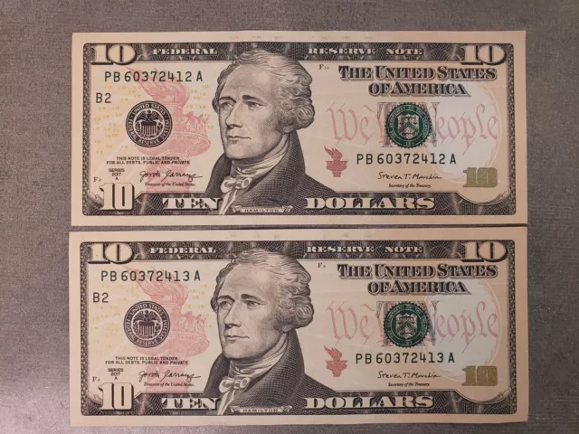 NEW UNCIRCULATED TEN Dollar Bills, SERIES 2017A $10 Sequential Notes LOT of 2