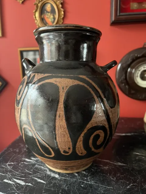 Schöne Vintage Geoff Ideson Studio Keramik Tenmoku Glasurne/Vase mit Deckel