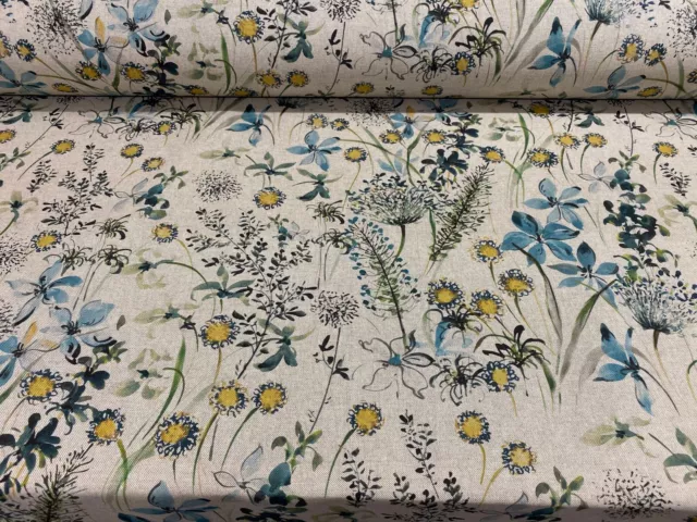 Daisy Hedgerow teal/Grey Designer Linen 140cm wide Curtain Fabric