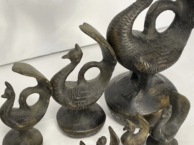 Rare Complete Set Antique Burmese Opium Bronze Weight Set Peacock Bird 9 Pc Vtg 4