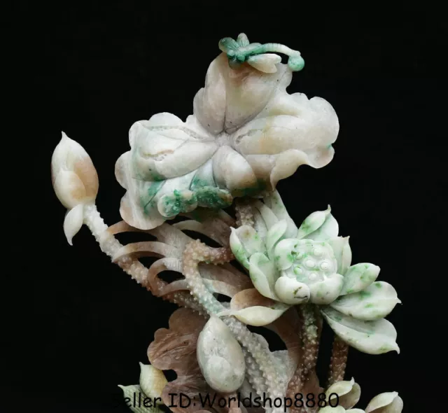 13.4" Fine China Natural Dushan Jade Carved Lotus Leaf Flower Crane Birds Statue 2