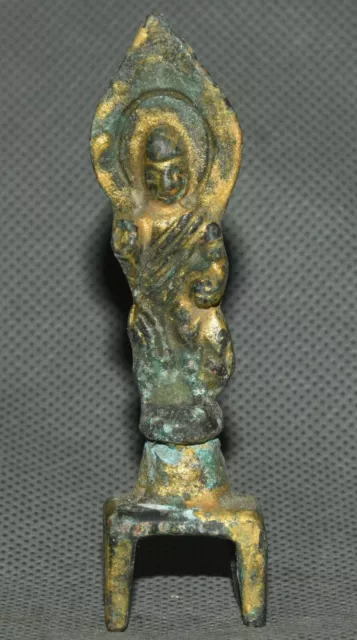 8CM Antiker alter Bronze vergoldeter Stand Guanyin Kwan-Yin Göttin Buddha Statue