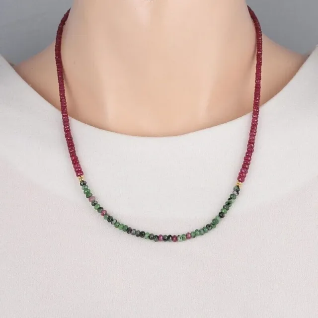 Natural A+ Ruby Zoisite & Red Ruby Faceted Rondelle Gemstone Beaded Necklace 18"