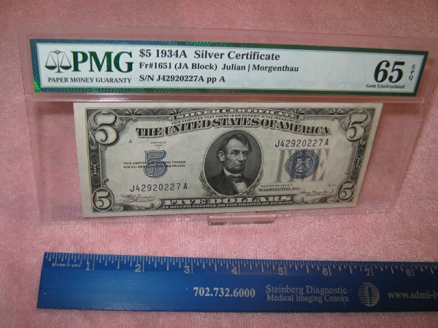 1934 "A" $5 Silver Certificate, Fr#1651 (JA Block) Julian/Morgenthau, PMG 65.