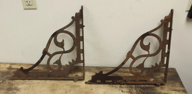 Antique ORIGINAL Pair Of Metal Cast Iron Wall / Shelf Brackets Hardware LARGE