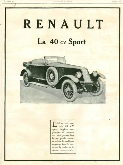 1925 Renault 40 hp Sport Antique Car Advertising Magazine Issue