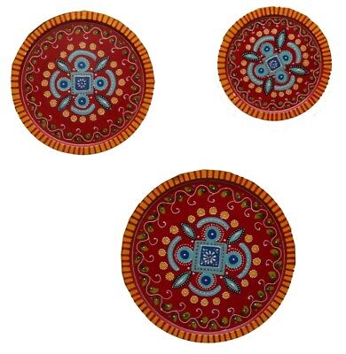 Red wooden decorative 3 plates set wall hanging handmade home decor wood plate