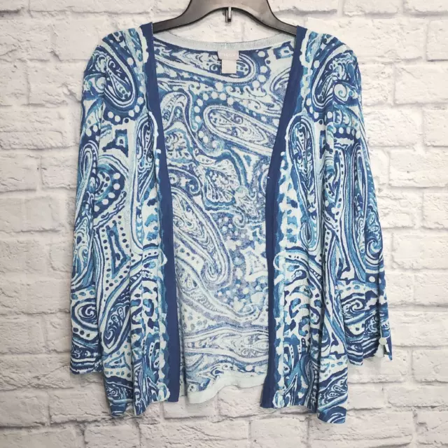 Chicos Cardigan 2 Size Large Lightweight Open Front 3/4 Sleeve Blue Print Womens