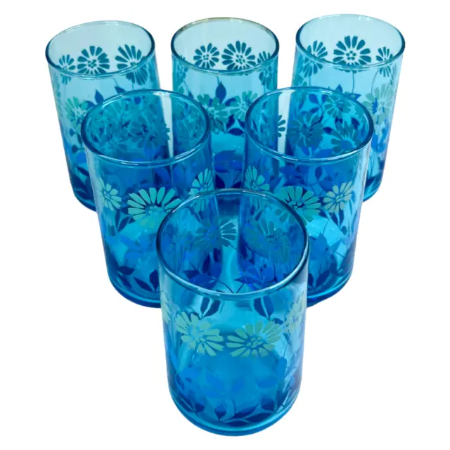 Libbey Vintage Glasses Blue Ombre Lot of 6 Flowers Daisy Leaves Juice Short 4"