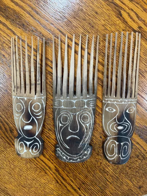 Papua New Guinea Combs Wood Carved  Art Hair Tribal Wood Carved Combs  Set Of 3