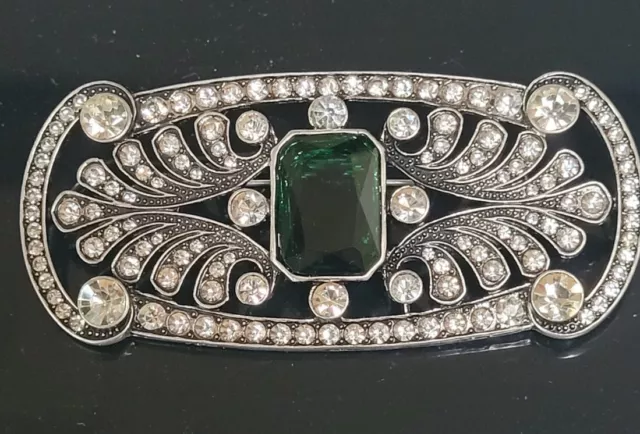 Huge 80mm Art Deco Revival Silver Rhinestone Crystal Pave Brooch Paste Green Gem