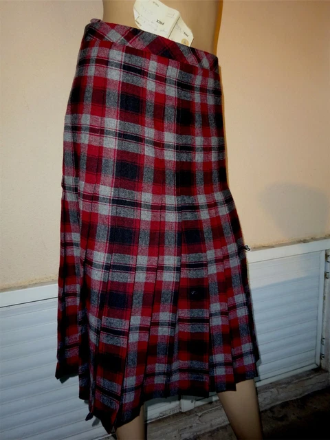 Jupe Plissee D'hiver Ecossaise Grise & Bordeaux  Vintage T 38/40 60 % Laine