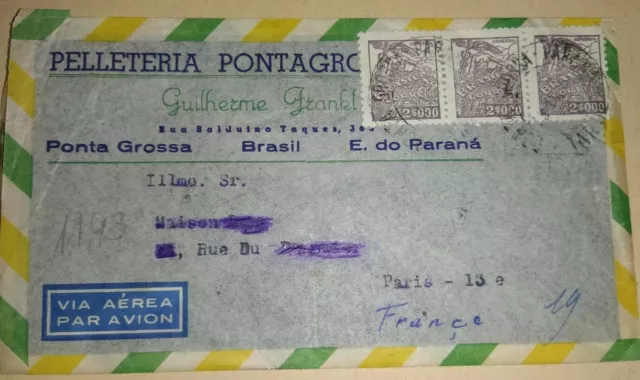 envelope letter cover Brésil avion By Air Brazil Ponta Grossa Paris 1947 Stamps
