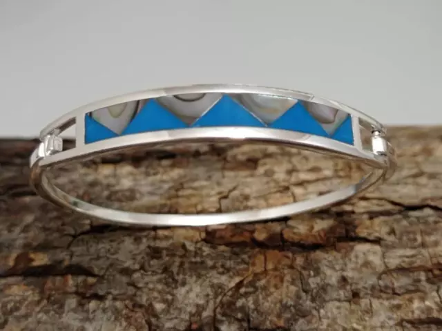 Geometric abalone blue bracelet, Silver plated mexican bracelet, Bohochic jewelr