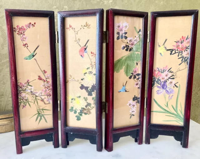 Oriental Small Miniature Folding Screen Hand Painted Birds/Flowers & Scenery