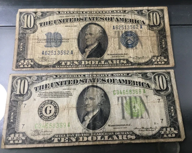 Two 1934 Ten Dollar Bills, 1 Silver Certificate Blue Seal & 1 FRN Green Seal !!!