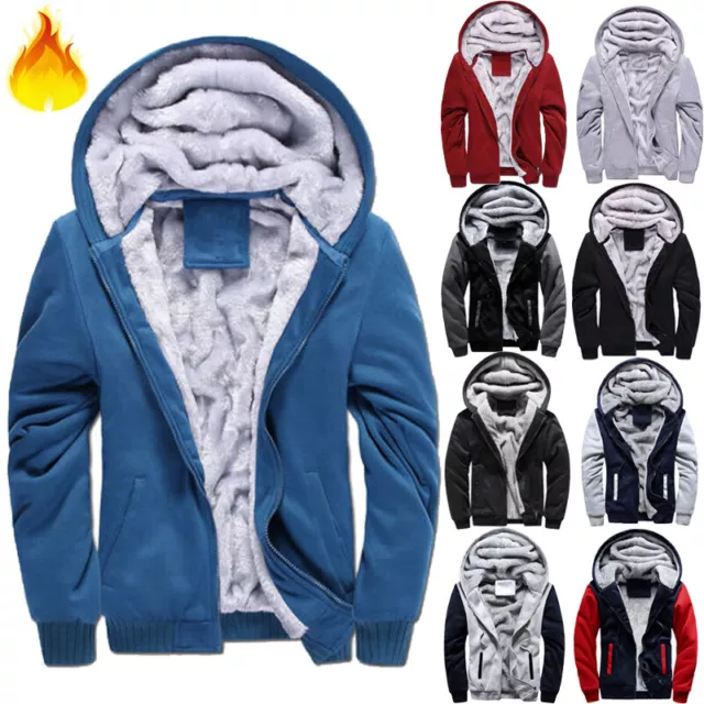 Mens Thick Warm Fleece Fur Lined Hoodie Zip Up Winter Coat Jacket Outwear Tops~