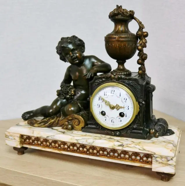 Antique French 8 Day Striking Marble & Cherub Figural Classical Mantle Clock Set 3