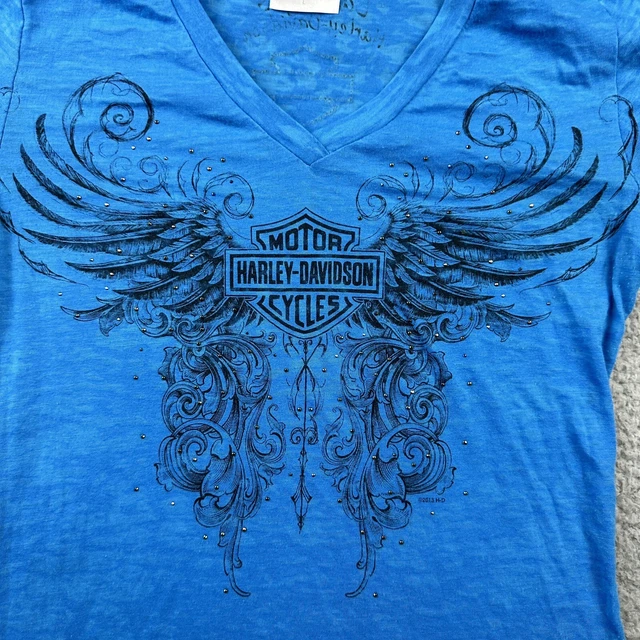Harley Davidson Top Womens Large Blue Shirt V Neck Shortsleeve Bedazzled Ornate 2